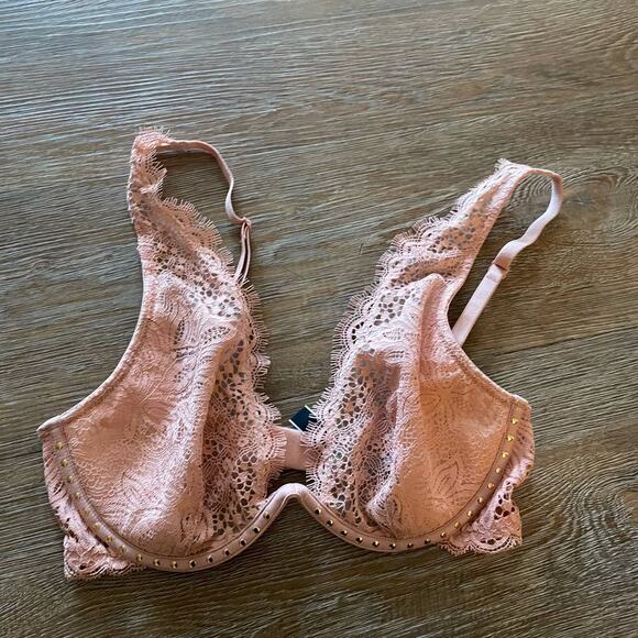 VICTORIAS SECRET Very Sexy Unline Plunge Lace Bra V Neck Gold 32D Pink - Picture 1 of 5